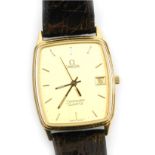 An Omega gentleman's Seamaster wristwatch, oblong dial with gilt batons, centre seconds, date apertu