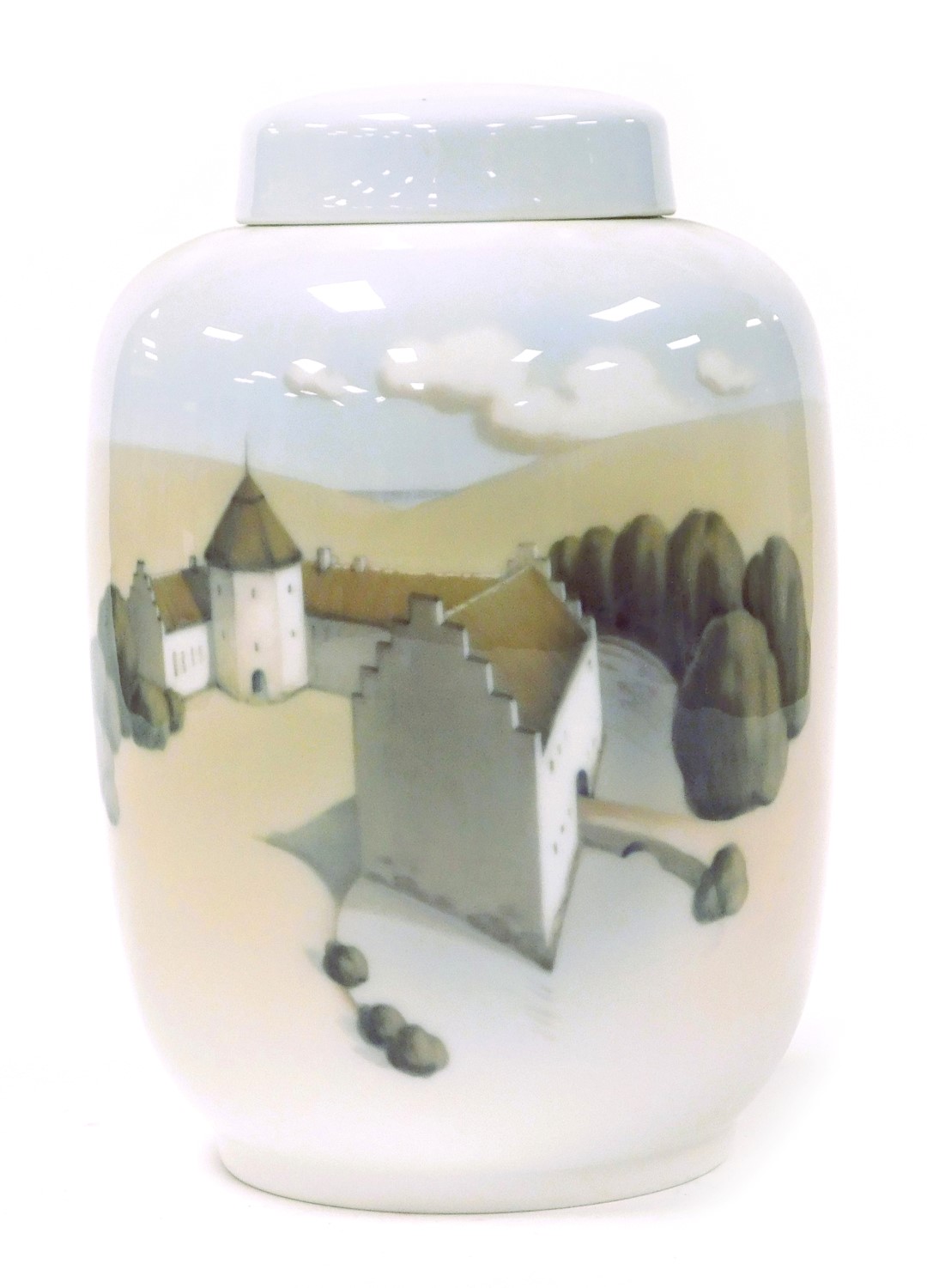 A Royal Copenhagen porcelain jar and cover, the jar of cylindrical form, decorated with a castle, no