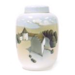 A Royal Copenhagen porcelain jar and cover, the jar of cylindrical form, decorated with a castle, no