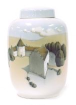 A Royal Copenhagen porcelain jar and cover, the jar of cylindrical form, decorated with a castle, no