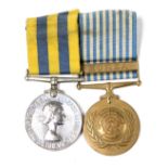 A Korean war medal pair, comprising the Korea medal, named to PTE.L.W.Cullington, Royal Leicestershi