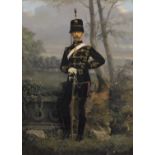 English School (19thC). Full length portrait of a Hussar, standing in a formal landscape holding his