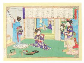Adachi Ginko (Japanese, 1853-1908), figures in an interior engaged in calligraphy, woodblock print,