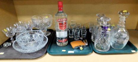 A 75cl bottle of Smirnoff vodka, various cut glass items, including bowls, drinking glasses, decante