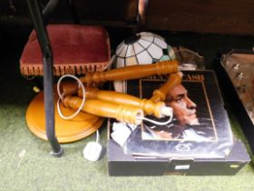 A quantity of LPs, glassware, brushes, small stool, and a Tiffany style lamp.