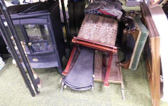 A quantity of fireside items, include an electric fire, fire irons, fire guard, etc.