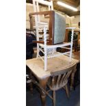 A white painted ladder back cane seated chair, without back, a pine kitchen table, and single pine c