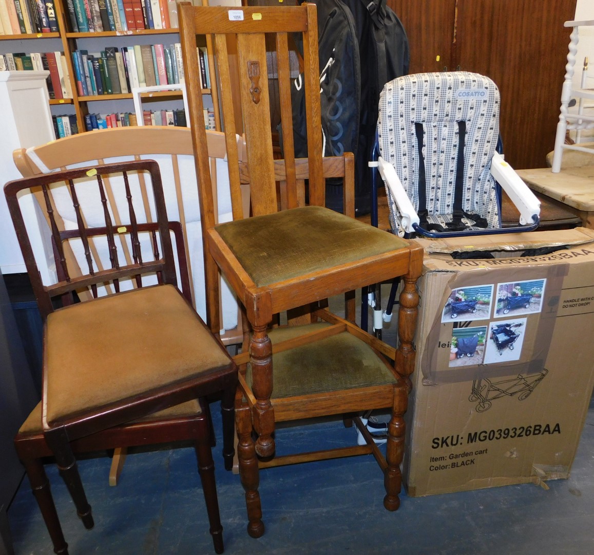 A child's chair, a garden trolley, and four dining chairs.