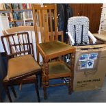 A child's chair, a garden trolley, and four dining chairs.
