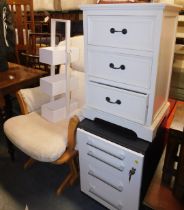 Two chests of three drawers, a small three box kitchen unit, and a chair upholstered in light brown