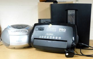 A Pro Action shredder, and a Roberts CD radio cassette recorder.