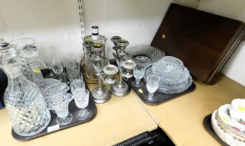 Glassware and candlesticks, including table lamp, decanters, large glass vase and cut glass bowls