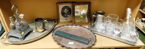 Various EPNS wares, brassware, copper tray, mirror, a small frame and small picture.