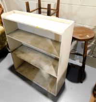 A drop leaf gate leg dining table, a small white painted open bookcase, small stool with rush seat,