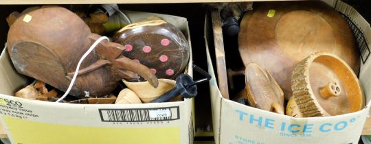 Various treen wares, items include bowls, lamp, etc. (2 boxes)