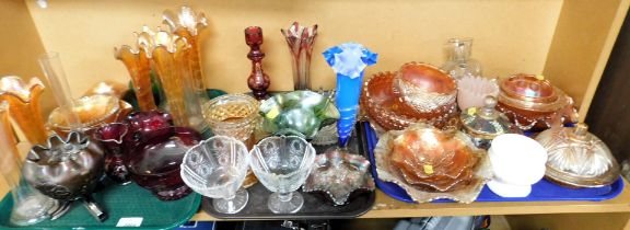 Carnival glass and cut glass wares, including vases, bowls, etc, 3 trays