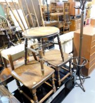 A penny chair, two small oak stools, a smoked glass TV unit, and a hat and coat stand. Lots 1501 to