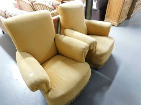 Two open armchairs, upholstered in orange/cream upholstery and a two seater sofa upholstered in beig