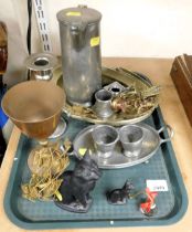 Various metalware items, including pewter, brassware, candlestick, and two cats.