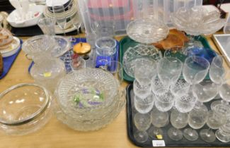 Assorted glassware, including carnival glass, cut glass bowls, and other assorted items. (3 trays an