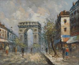 Burnett (20thC School). Parisian Street scene depicting Arc De Triomphe, oil on board, signed, 52cm