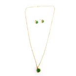 A jadite and diamond necklace and earring set, comprising pendant with star outer border, on a fine