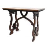 A 19thC Spanish mahogany hall table, with a moulded and fluted border, on open scroll end supports,