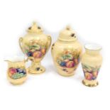 A group of Aynsley Orchard Gold pattern wares, to include jar and cover, 22cm high, jug, 11cm high,