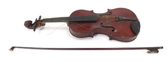 An early 20thC violin, bearing label The Maidstone, single piece back, 54cm long overall, with bow,