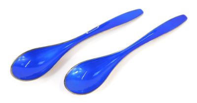 A pair of Norwegian silver and blue guilloche enamelled spoons, stamped verso J. Trostrup, Sterling,