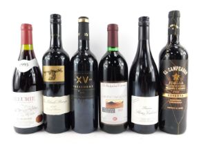 Six bottles of red wine, comprising La Madone 1995, El Campeador 2008, The Bulgarian Vintners 1991,