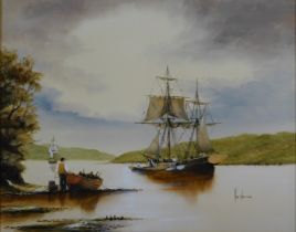 Ken Hammond (b.1948). Lake scene depicting figures before masted ship, oil on canvas, signed, 42cm x
