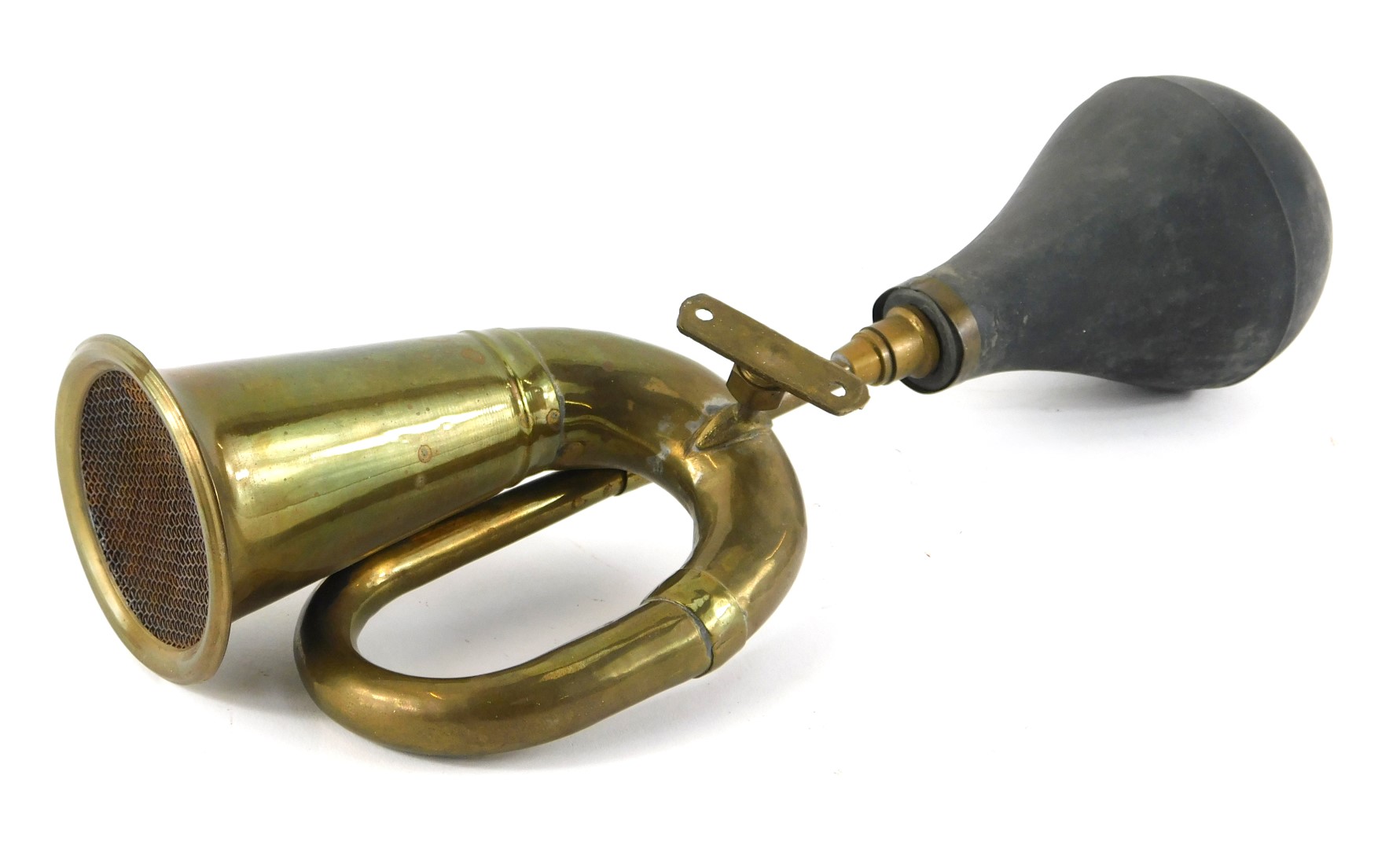 An early 20thC brass car horn, with black rubber bowl, 36cm long.