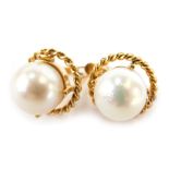 A pair of cultured pearl earrings, each in four claw setting with a rope twist border, in yellow met