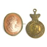 A 19thC lava type cameo portrait brooch, of a female facing sinister, 3.5cm, and a Queen Victoria me