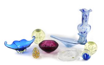 A group of coloured glass ware, to include bowls, paperweights, a Waterford Crystal trinket dish, bo