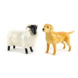 Two Beswick pottery figures, comprising a sheep, 8cm high, and a Labrador, 8cm high.