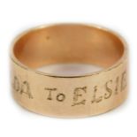 A wedding band, inscribed HILDA to ELSIE, ring size R, gold plated.