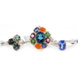 Three Gems TV dress rings, each set with multicoloured stones, white metal with tags stamped 925, wi