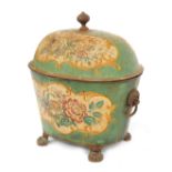 A Victorian Toleware painted log box, with oval top, on turquoise ground with painted cream panels o