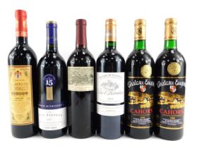 Six bottles of red wine, comprising Chateau Eugenie Cahors 1988 (x2), Clos L-Hermitage 2016, Palacio