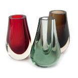 Three Whitefriars glass 'Teardrop/Hambone' vases, designed by Geoffrey Baxter, in sea green, cinnamo