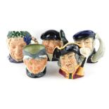 Five Royal Doulton character jugs, comprising Captain Ahab D6506, Lobster Man D6620, Bacchus D6505,