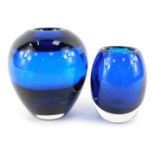A Whitefriars blue glass vase, of ovoid tapering form, pattern number 9584, 14cm high, together with