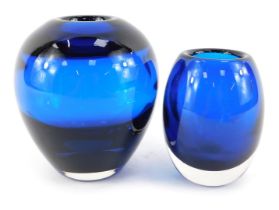 A Whitefriars blue glass vase, of ovoid tapering form, pattern number 9584, 14cm high, together with