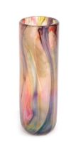 An Isle of Wight glass 'Featherscape' vase, of cylindrical form, decorated with flashes of pink, gre