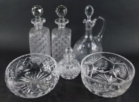 A group of cut glassware, to include two square decanters and stoppers, 27cm high, claret jug, 27cm