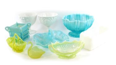 A group of glass ware, to include a blue Vaseline glass bowl, 22cm diameter, a two section dish, 20c