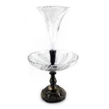 A late 19th/early 20thC silver plated and cut glass epergne centrepiece, the central bowl surmounted