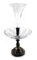A late 19th/early 20thC silver plated and cut glass epergne centrepiece, the central bowl surmounted